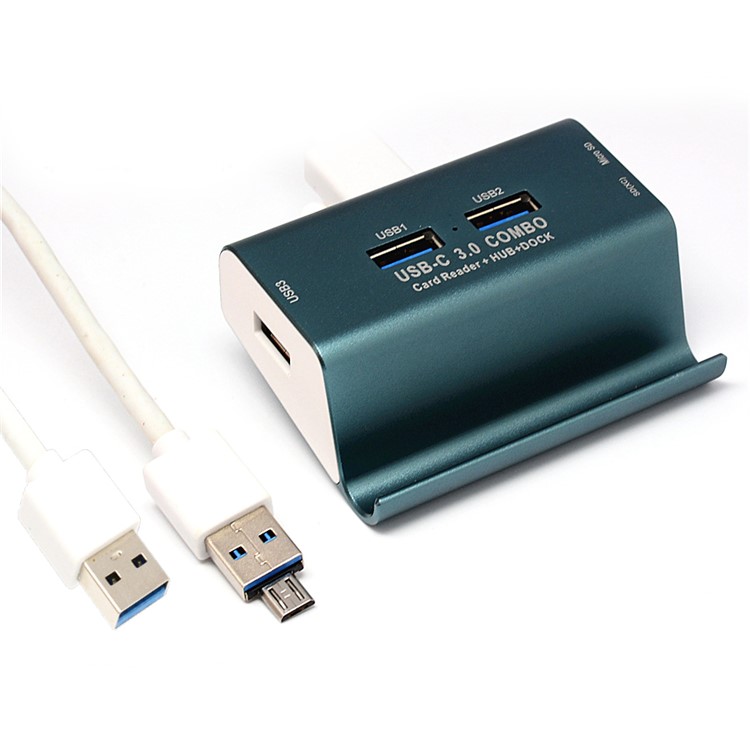 T-698 Magnalium USB 3.0 Hub SD/TF Card Reader Phone Stand - Blackish Green-1