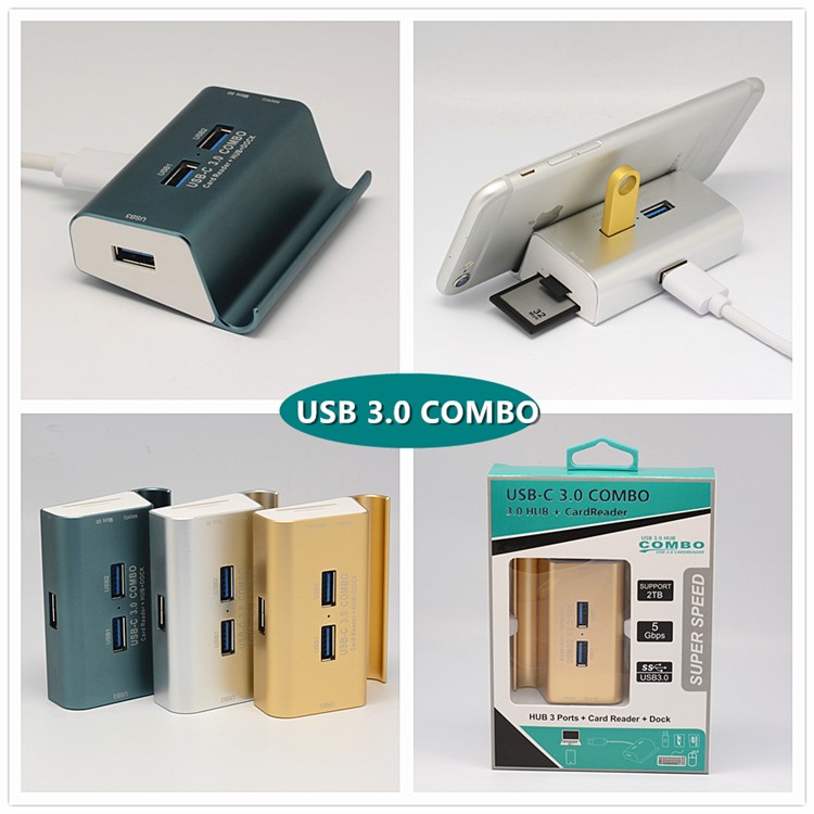T-698 Magnalium USB 3.0 Hub SD/TF Card Reader Phone Stand - Blackish Green-6
