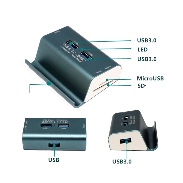 T-698 Magnalium USB 3.0 Hub SD/TF Card Reader Phone Stand - Blackish Green-8