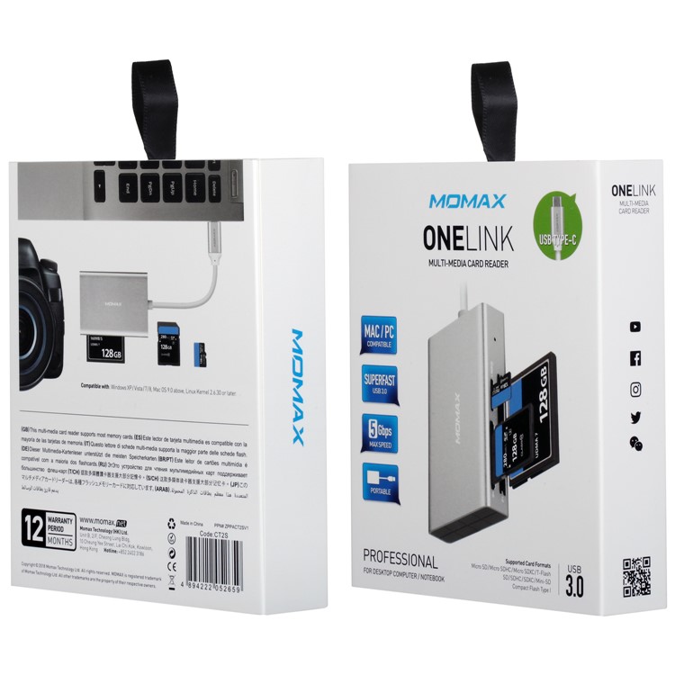 MOMAX ONE LINK Aluminum 3-in-1 Type-C to TF/SD/CF Card Reader Ports Adapter Hub - Silver-11