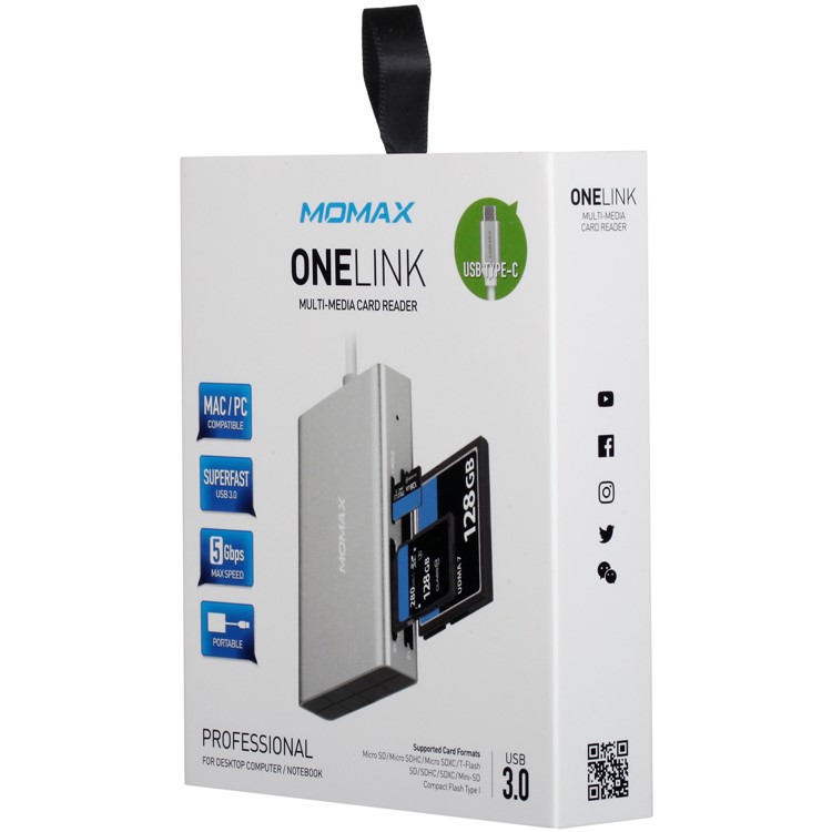 MOMAX ONE LINK Aluminum 3-in-1 Type-C to TF/SD/CF Card Reader Ports Adapter Hub - Silver-12