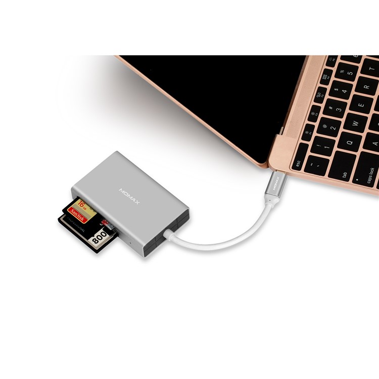 MOMAX ONE LINK Aluminum 3-in-1 Type-C to TF/SD/CF Card Reader Ports Adapter Hub - Silver-9