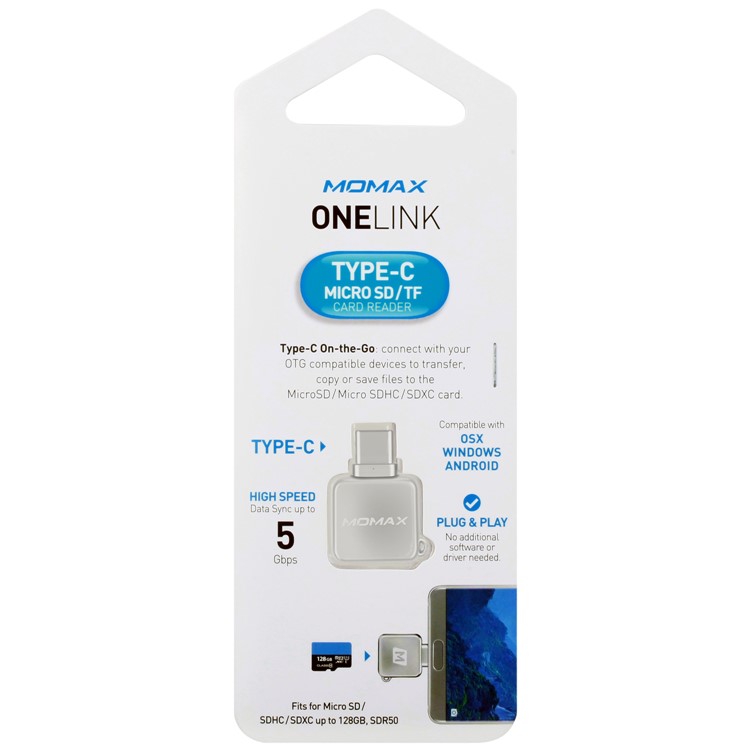 MOMAX Mini-tipo C Porta Micro SD / TF Adaptador De Leitor De Cartão Para Samsung Huawei Xiaomi Etc - Prata-12