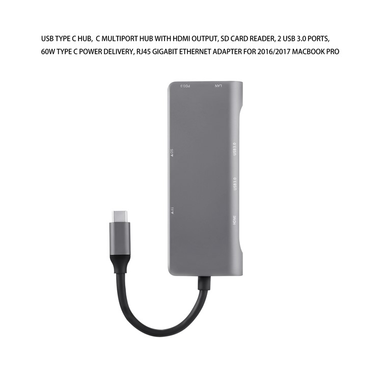 USB Type-C Multi-port Hub with HDMI Output + SD/TF Card Reader + 2 USB 3.0 Ports + 60W Type-C Power Delivery + RJ45 Gigabit Ethernet Adapter-5