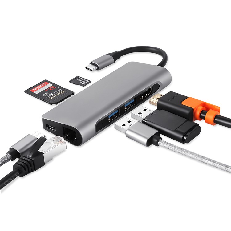 USB Type-C Multi-port Hub with HDMI Output + SD/TF Card Reader + 2 USB 3.0 Ports + 60W Type-C Power Delivery + RJ45 Gigabit Ethernet Adapter-8