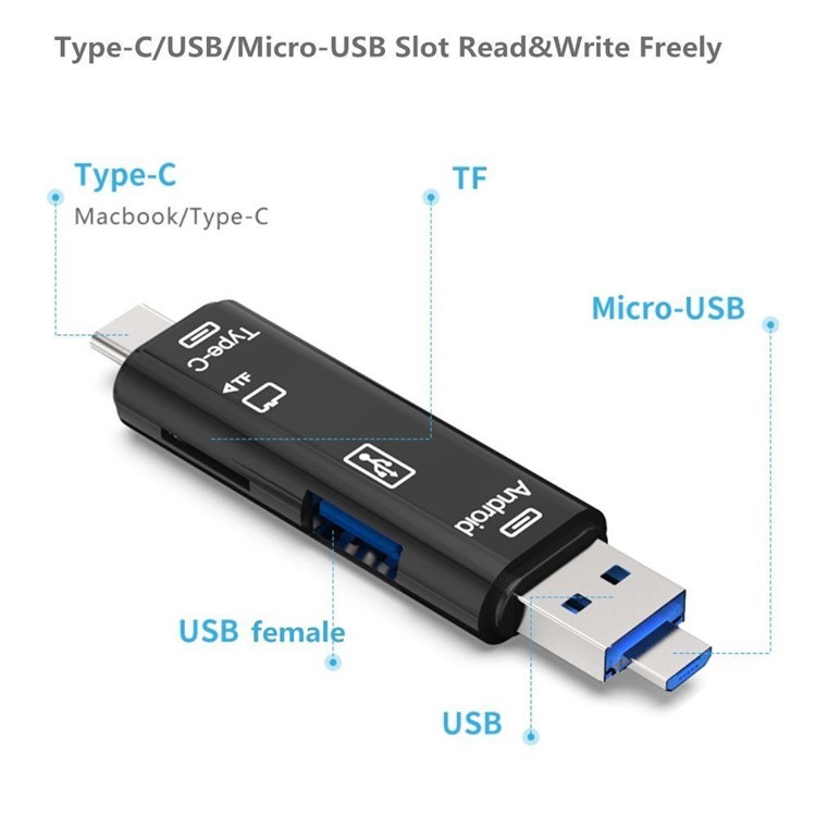 XQ-R014 Type-C + USB2.0 + Micro USB SD/TF Card Reader Support OTG Function for Smartphones and Laptops - Gold-5