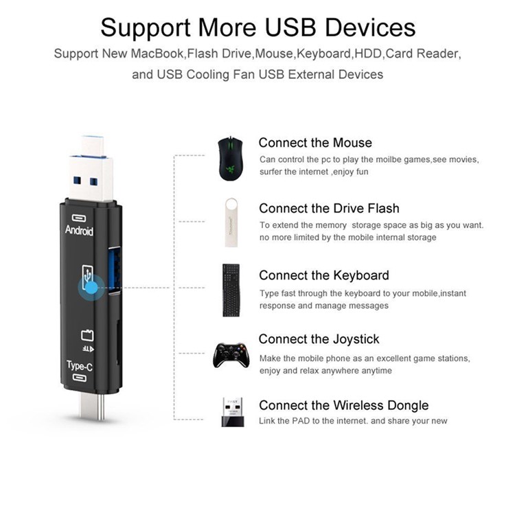 XQ-R014  Type-C + USB2.0 + Micro USB SD/TF Card Reader Support OTG Function for Smartphones and Laptops - Gold-8