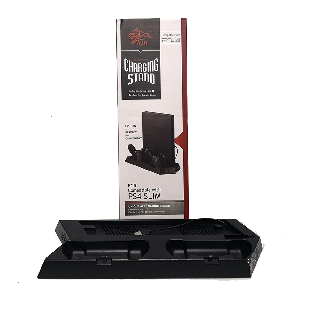 PS4 Consola Cargador de Soporte Vertical Ultra Delgado Con Ventilador de Enfriamiento Dual / 2 Puertos de Carga USB - Negro