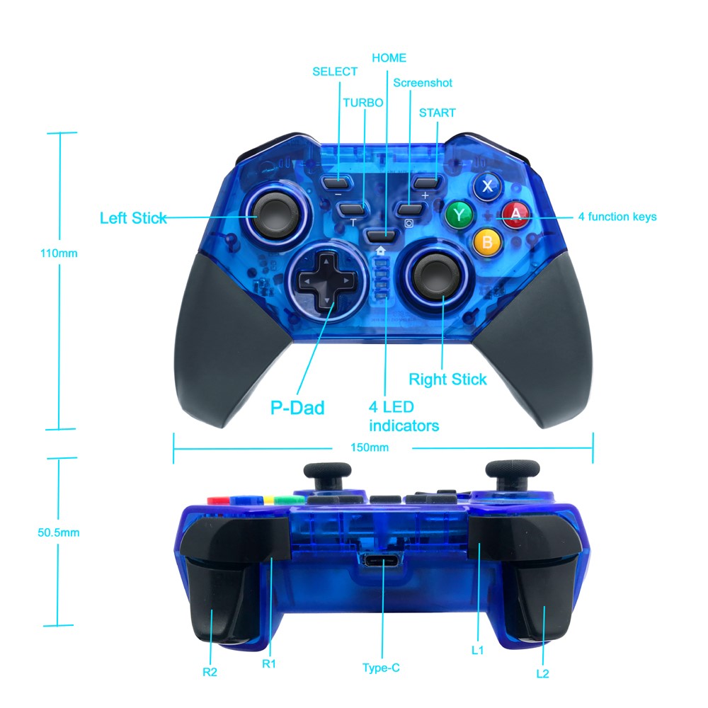 8579 Switch Pro Controller GamePad Bluetooth Sans Fil Pour La Console De Commutation Avec Des Touches Turbo Meulage Et PC / Android - Bleu-6