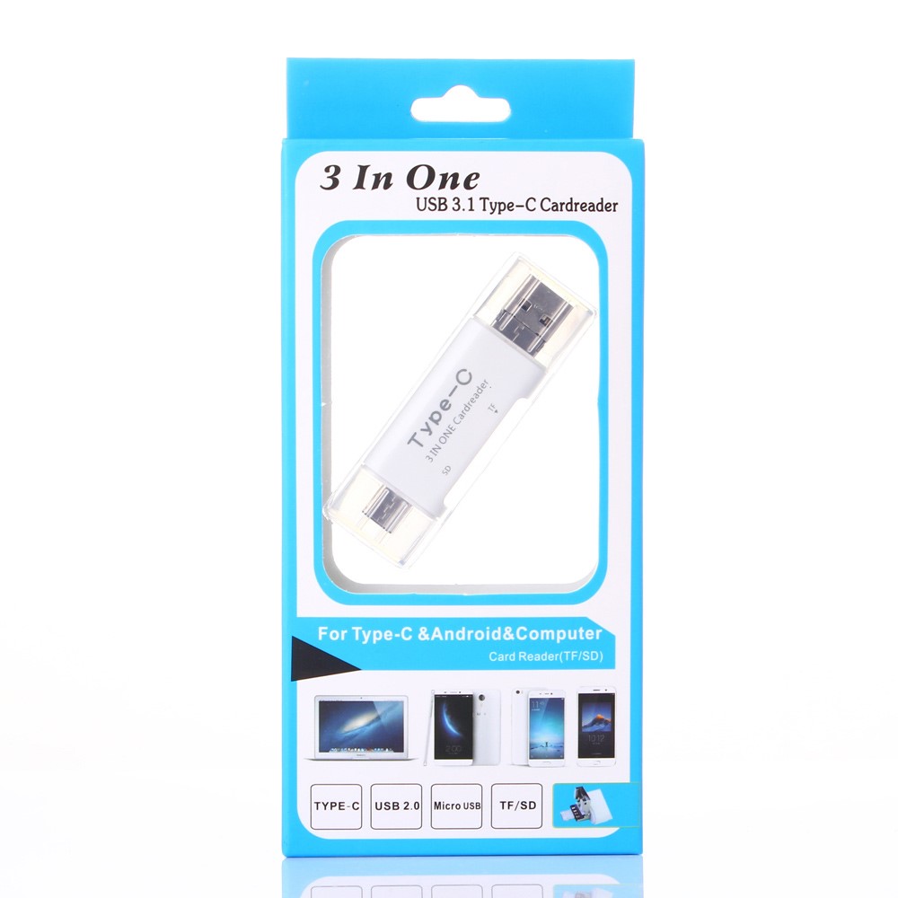 3 in 1 Type C + USB + Micro USB TF/Micro SD & SD Card Reader - White-11
