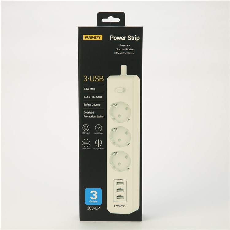 PISEN 303-EP Smart Power Strip with 3 Power Sockets + 3 USB Ports - EU Plug-18