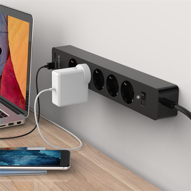 ORICO GPC-5A2U-EU 5 AC Outlet Power Strip with 2 USB Charging Port and Adhesive Board - Black-5