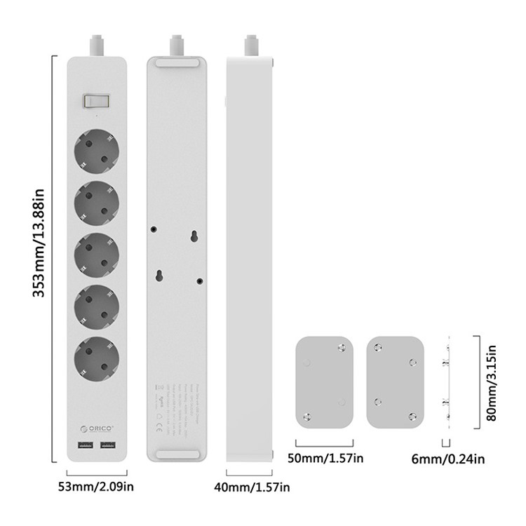 ORICO GPC-5A2U-EU 5 AC Outlet Power Strip with 2 USB Charger Port and Adhesive Board - White-3