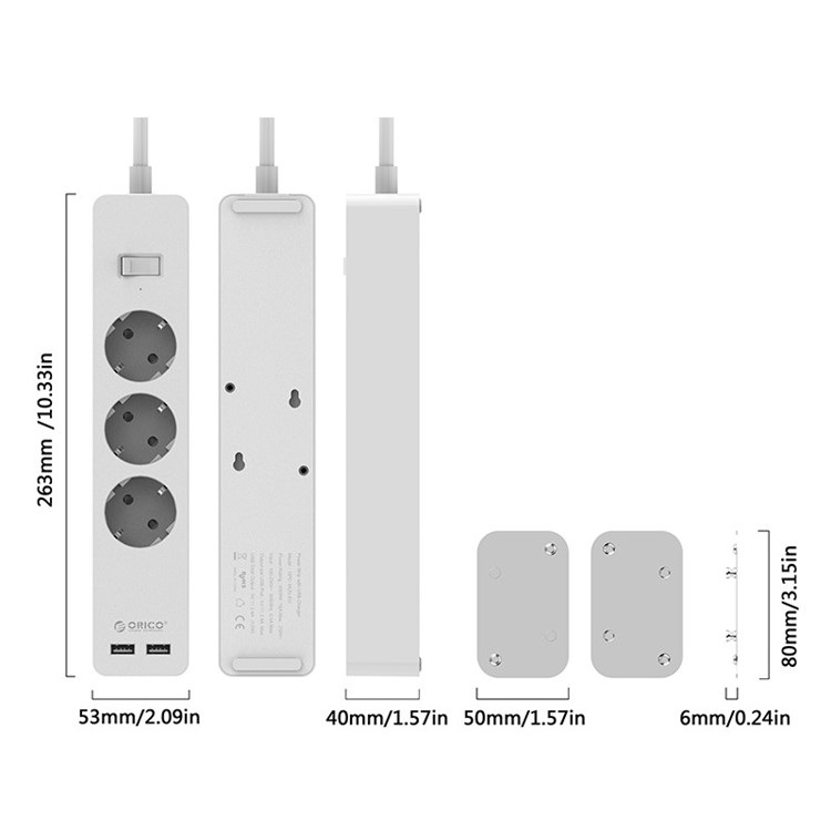 ORICO GPC-3A2U-EU 3 AC Outlet Power Strip with 2 USB Charging Port and Adhesive Board - White-2