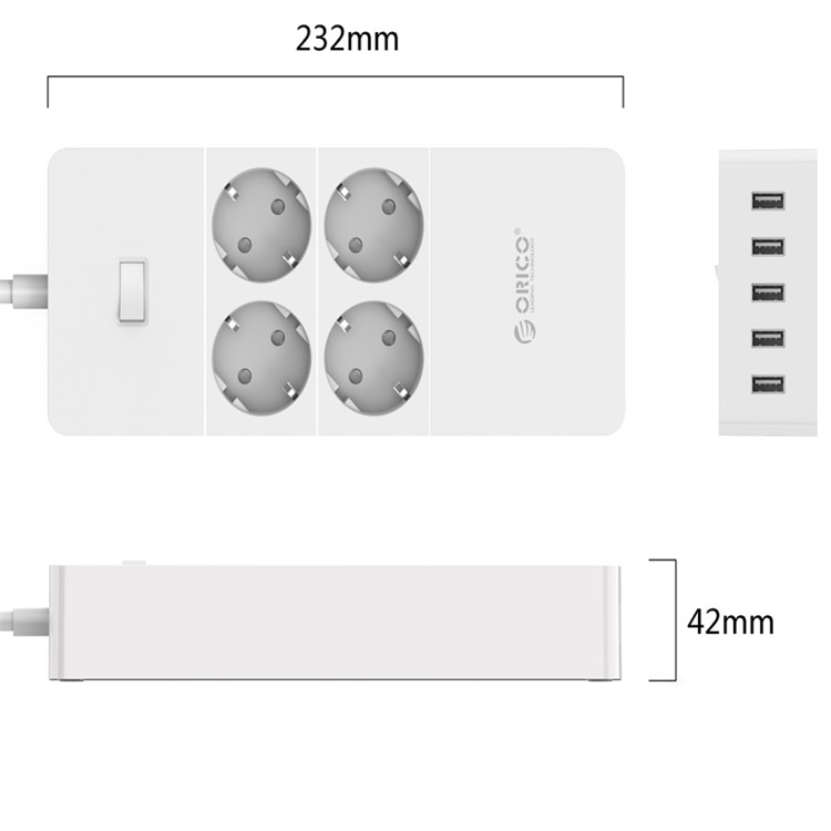 ORICO 4 AC Outlets Surge Protector with 5 USB Charging Ports (HPC-4A5U-V1-EU) - EU Plug-3