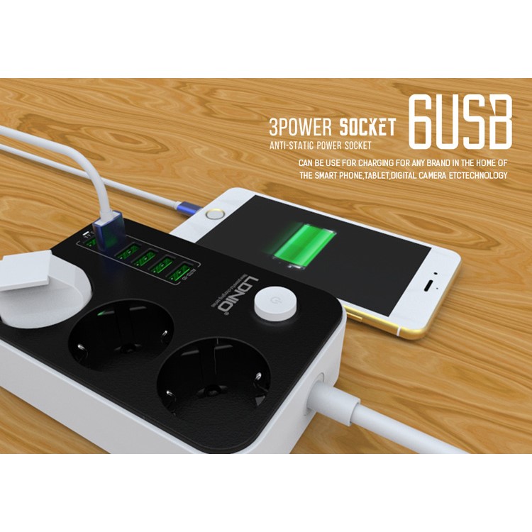 LDNIO 3 розетки ЕС + 6 портов USB зарядки розетки 1.6 м удлинитель(се/денег) - ЕС Plug-5