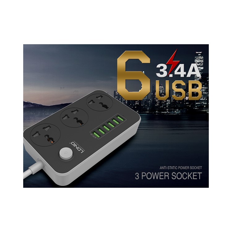 LDNIO SC3604 Power Strip with 3 AC Sockets + 6 USB Ports - Black / EU Plug-13