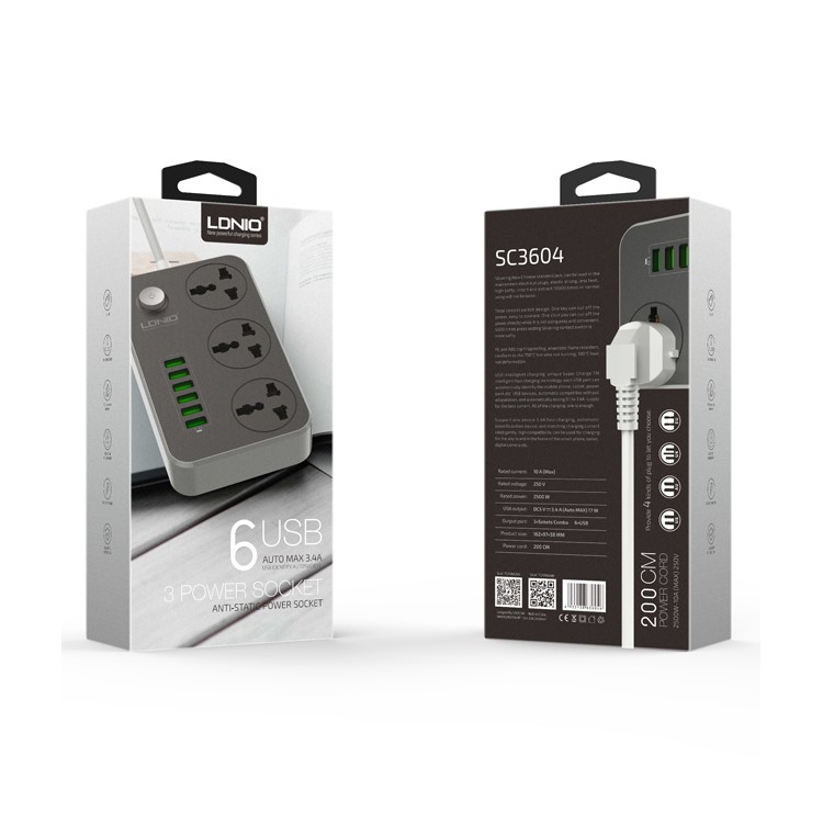 LDNIO SC3604 Power Strip with 3 AC Sockets + 6 USB Ports - Black / EU Plug-14