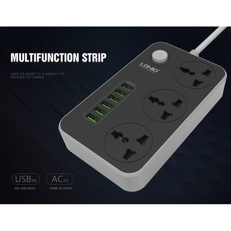 LDNIO SC3604 Power Strip with 3 AC Sockets + 6 USB Ports - Black / EU Plug-3