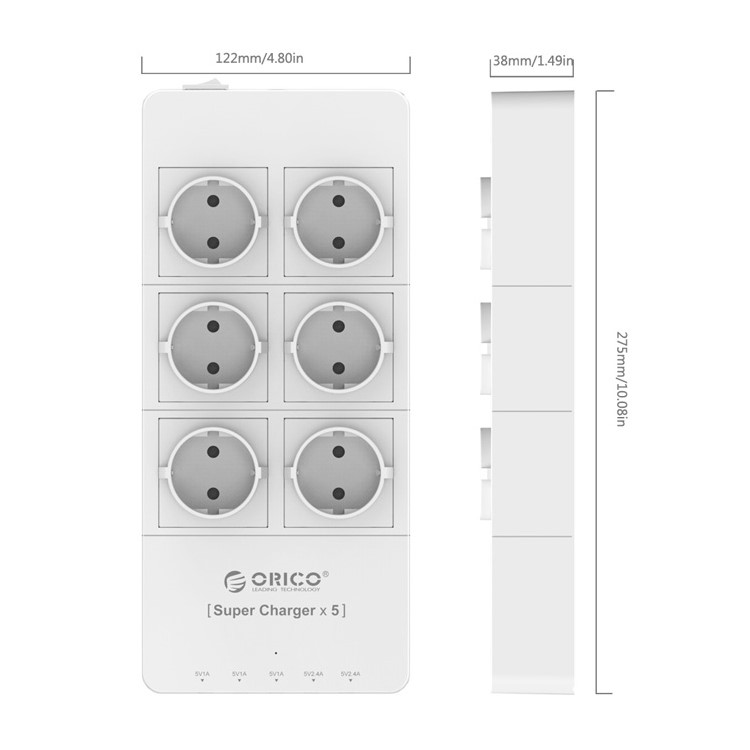 ORICO HPC-6A5U-EU 5-port USB + 6-port EU Plug AC Socket Charger Surge Protector - White-3