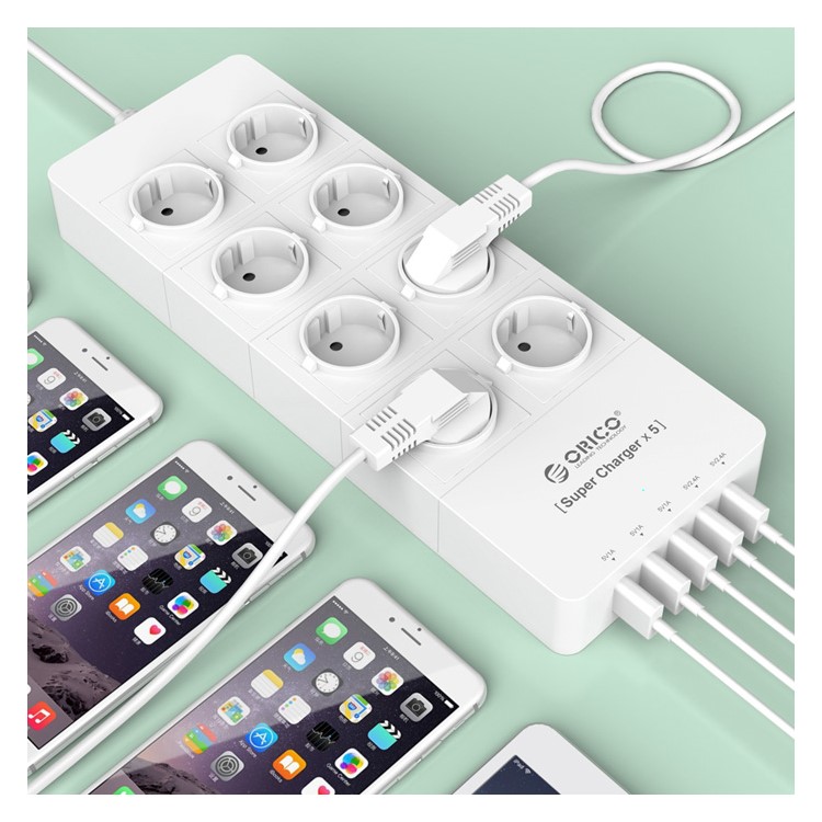 ORICO HPC-8A5U 8 AC Sockets + 5V 2.4A 5 USB Ports Power Strip Super Charger - White / EU Plug-1
