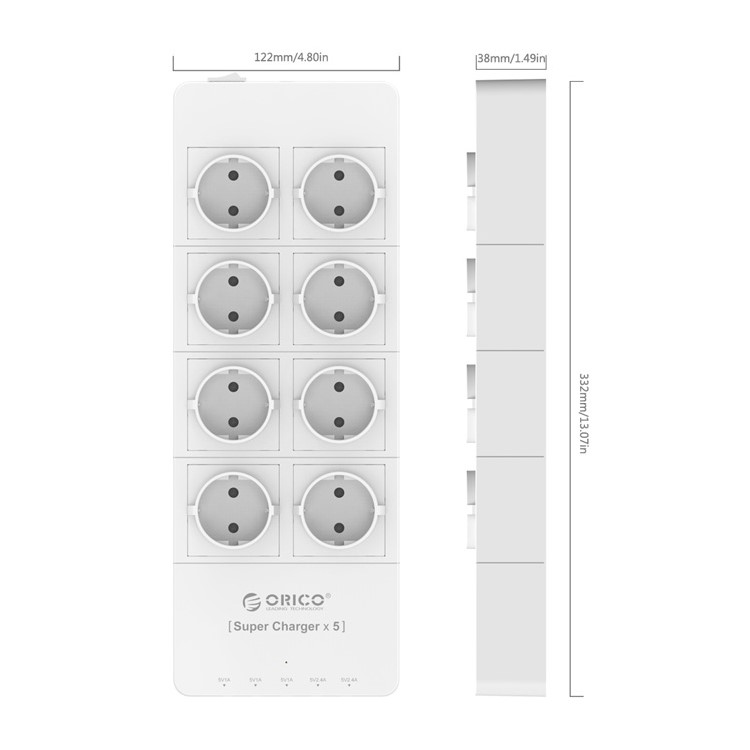 ORICO HPC-8A5U 8 AC Sockets + 5V 2.4A 5 USB Ports Power Strip Super Charger - White / EU Plug-3
