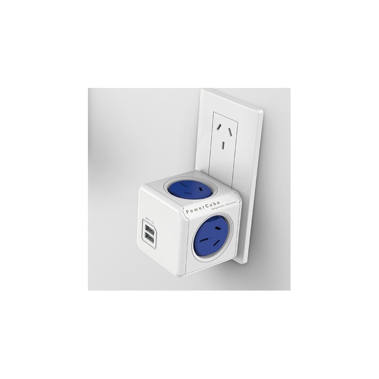 ALLOCACOC PowerCube 4 Outlets Dual USB Port Wall Charger Adapter No Extended Cord - Blue / UK Plug-1