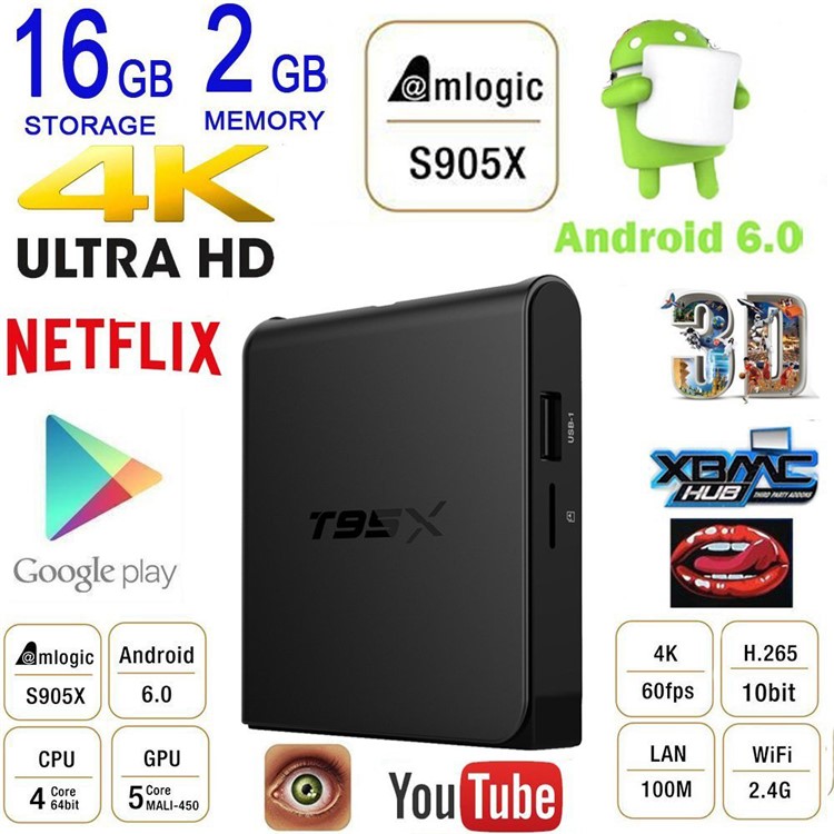 T95X Amlogic S905X 4K Android 6.0 TV Box Kodi 16.1 Quad Core 2+16GB WiFi 2.4G Streaming Media Player - EU Plug-1