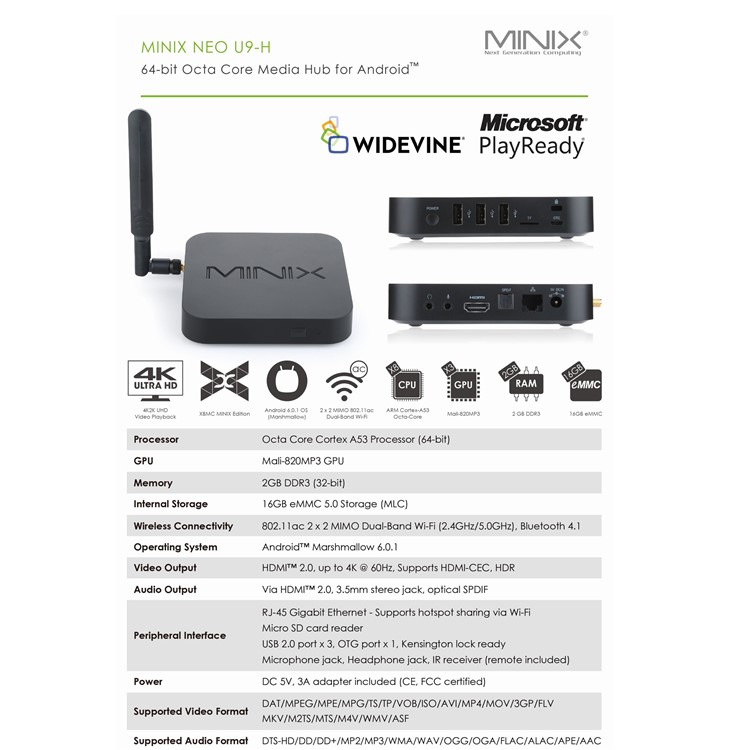 MINIX NEO U9-H 4K HDR Dualband WiFi 2GB + 16GB Octa Core Android 6.0.1 Media Hub - Schwarz / UK Plug-8