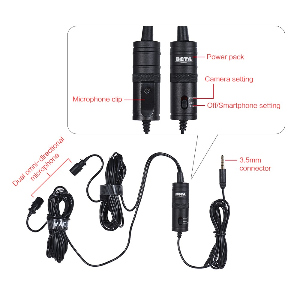 Boya By-m1dm Lavalier Mikrofon 4m Dual Omni-richtender Clip-on Revers Video Mic Für IPhone Canon Nikon DSLR-3