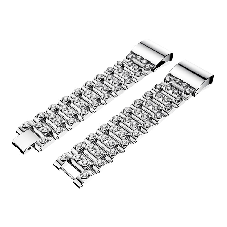 Luxury Diamond Shapes Alloy Wrist Watch Strap for Fitbit Charge 2 - Silver Color + White-2