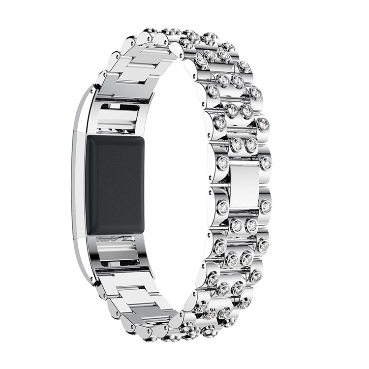 Luxury Diamond Shapes Alloy Wrist Watch Strap for Fitbit Charge 2 - Silver Color + White-3