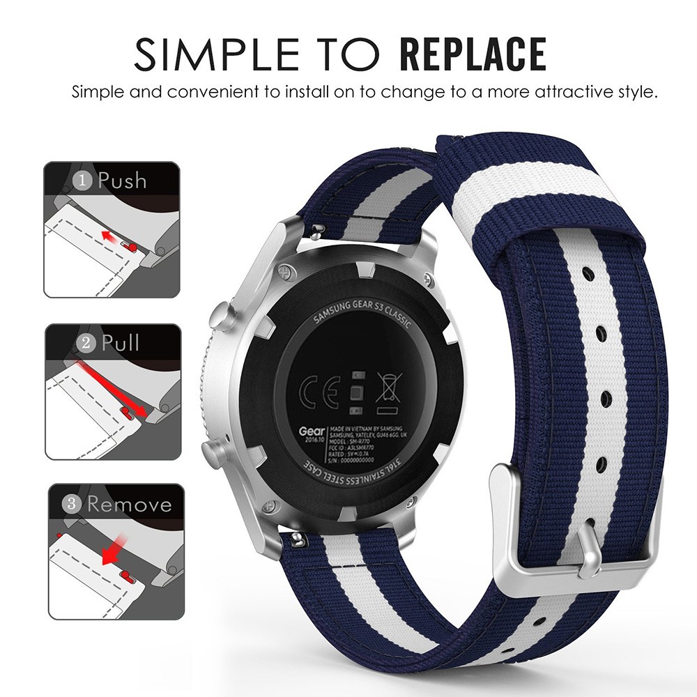 Bande de Montre de Remplacement Réglable en Nylon Tissée de 22 mm Pour la Frontière Samsung Gear S3 / Classique - Bleu Foncé / Blanche