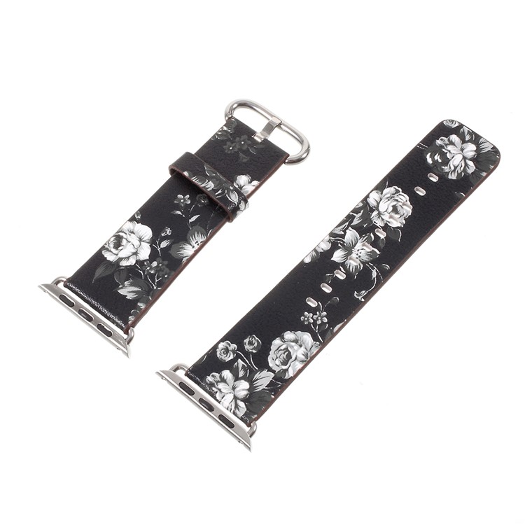 Flower Printing PU Leather Watch Band for Apple Watch Series 4 40mm / Series 3 2 1 38mm - Black / Colorless Peonies-2