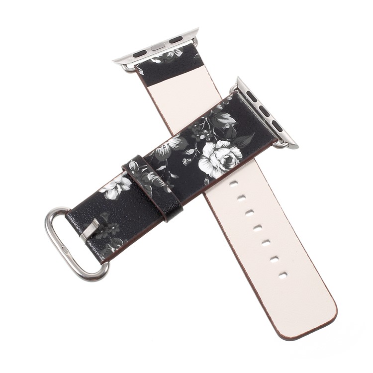 Flower Printing PU Leather Watch Band for Apple Watch Series 4 40mm / Series 3 2 1 38mm - Black / Colorless Peonies-5