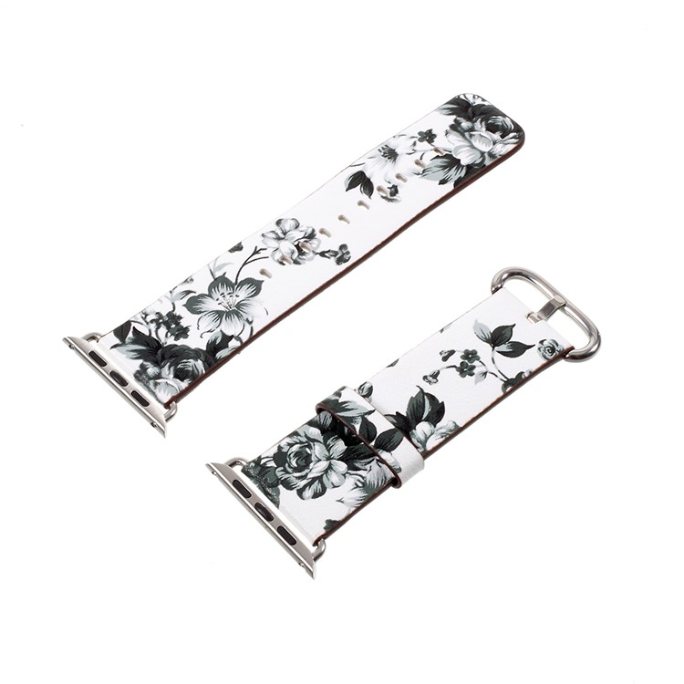 Flower Pattern PU Leather Watch Band for Apple Watch Series 4 40mm / Series 3 2 1 38mm - White / Colorless Peonies-2