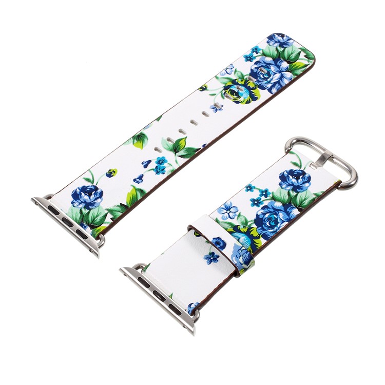 Flower Pattern PU Leather Watch Strap for Apple Watch Series 4 40mm / Series 3 2 1 38mm - White / Blue Peonies-2
