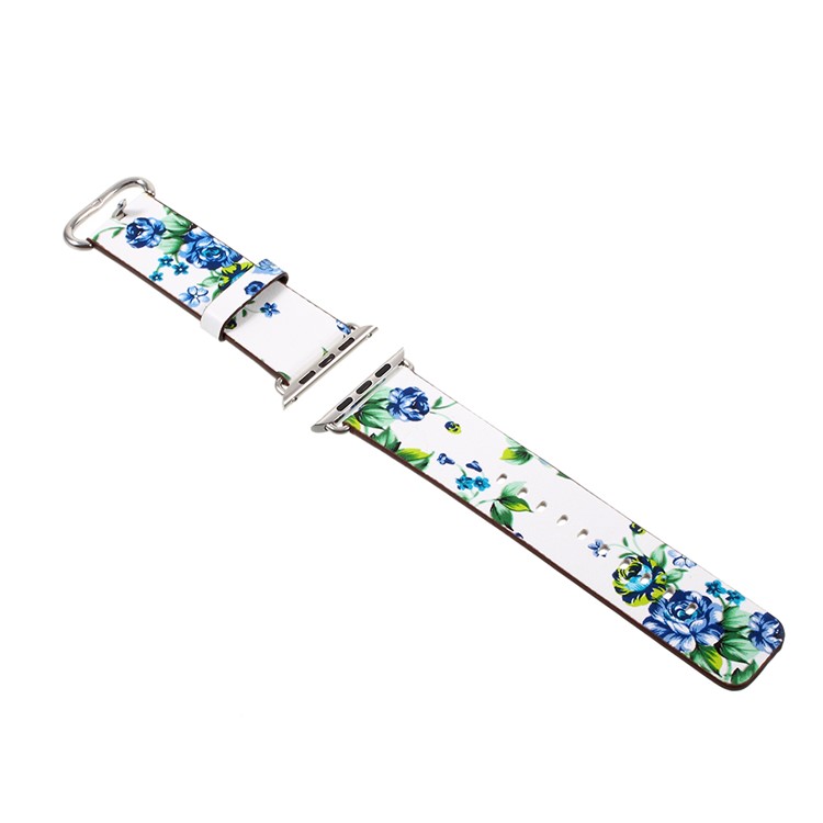 Flower Pattern PU Leather Watch Strap for Apple Watch Series 4 40mm / Series 3 2 1 38mm - White / Blue Peonies-3