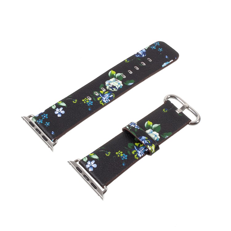 Flower Pattern PU Leather Wrist Watch Strap for Apple Watch Series 4 40mm / Series 3 2 1 38mm - Black / Blue Peonies-2