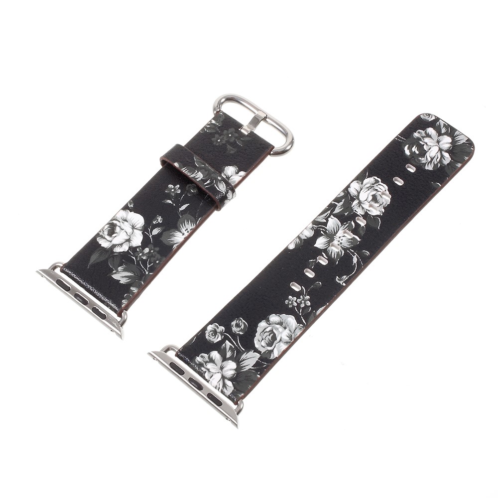 Flower Pattern PU Leather Wrist Watch Strap for Apple Watch Series 4 44mm / Series 3/2/1 42mm - Black / Colorless Peonies-2