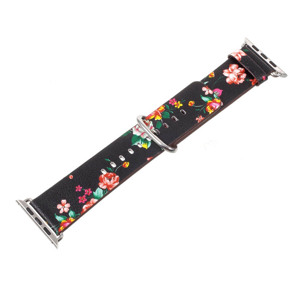 Flower Pattern PU Leather Classic Buckle Watchband for Apple Watch Series 4 44mm / Series 3/2/1 42mm - Black / Colorful Peonies-1
