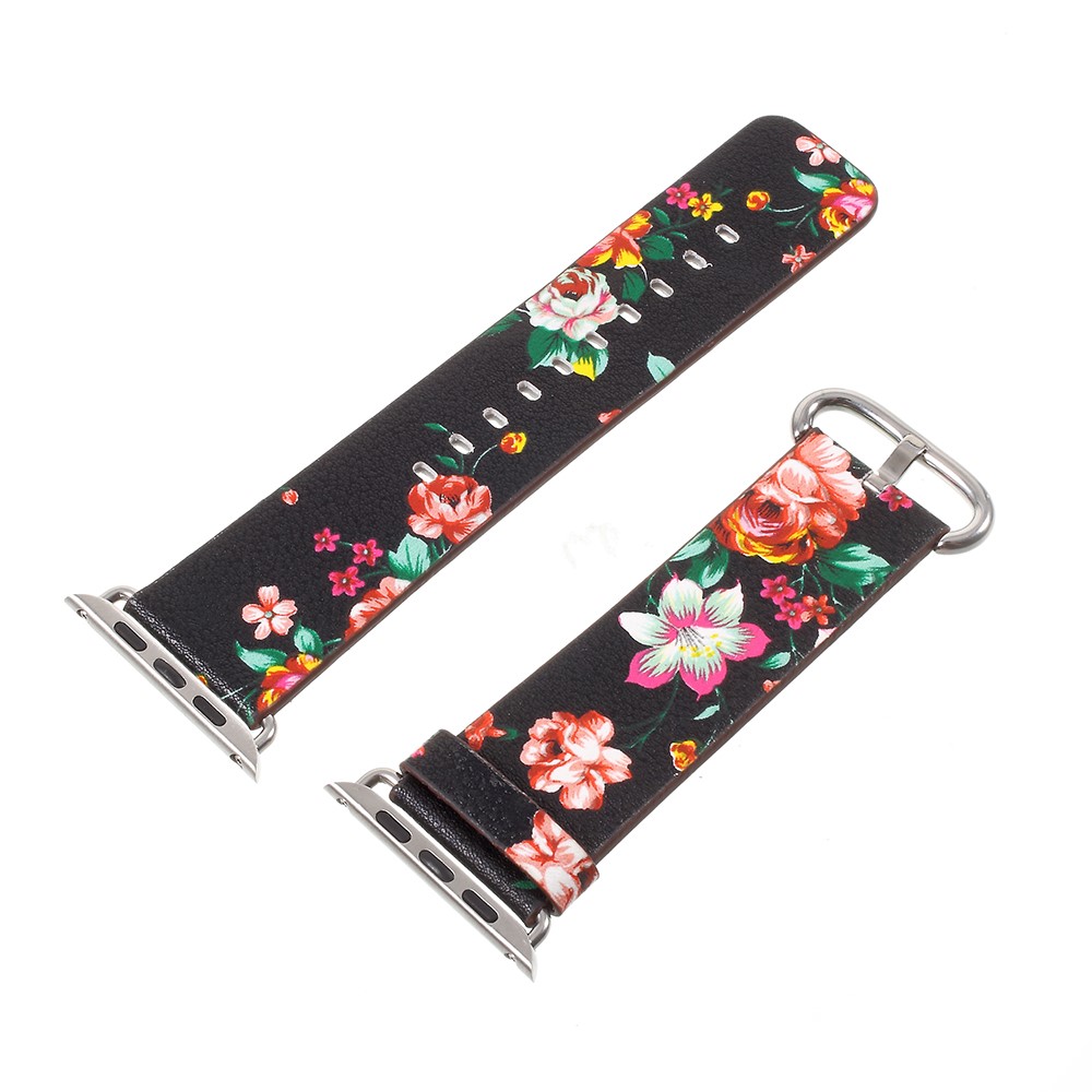 Flower Pattern PU Leather Classic Buckle Watchband for Apple Watch Series 4 44mm / Series 3/2/1 42mm - Black / Colorful Peonies-2