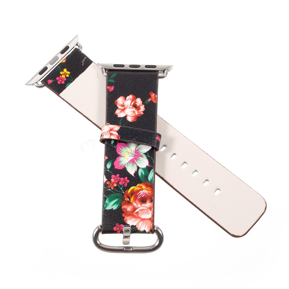 Flower Pattern PU Leather Classic Buckle Watchband for Apple Watch Series 4 44mm / Series 3/2/1 42mm - Black / Colorful Peonies-5