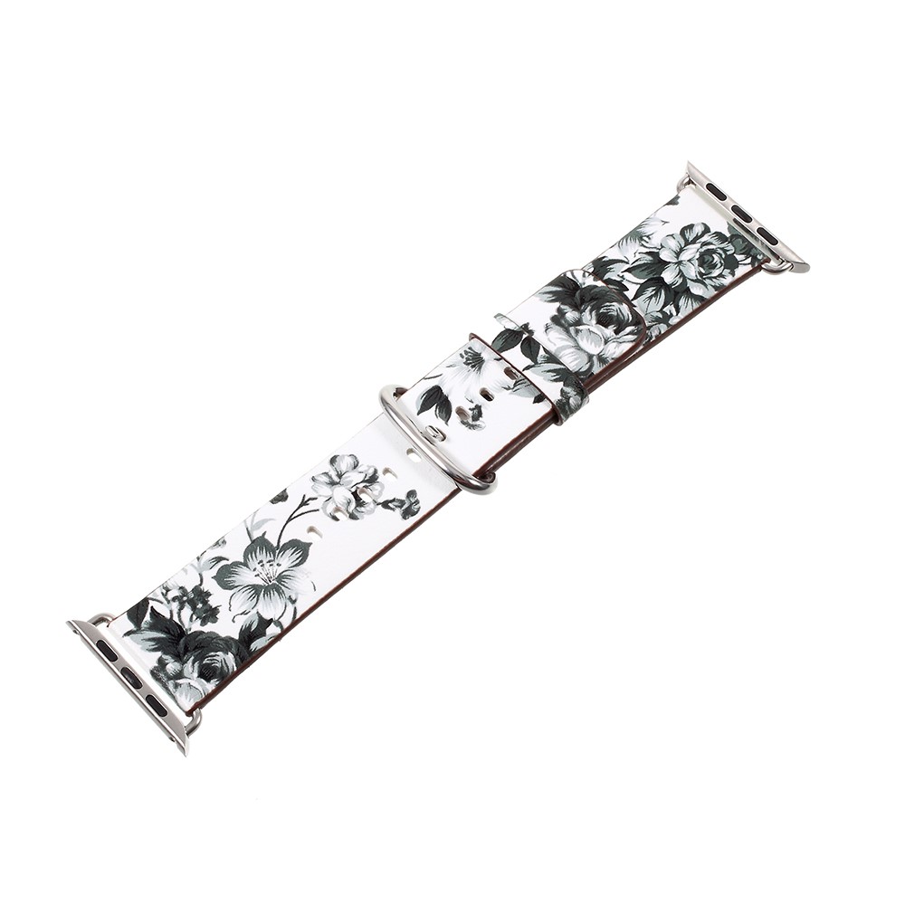 Flower Pattern PU Leather Replacement Watch Wrist Strap for Apple Watch Series 4 44mm / Series 3/2/1 42mm - White / Colorless Peonies-1