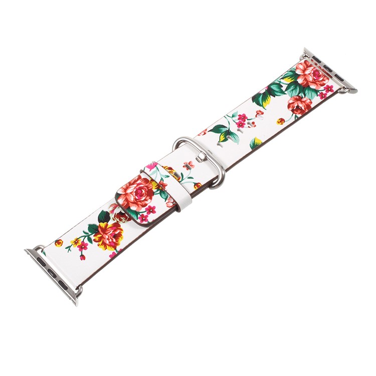 PU Leather Flower Pattern Wrist Watch Strap for Apple Watch Series 4 44mm / Series 3/2/1 42mm - White / Colorful Peonies-1