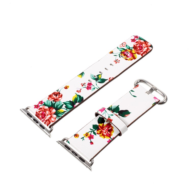 PU Leather Flower Pattern Wrist Watch Strap for Apple Watch Series 4 44mm / Series 3/2/1 42mm - White / Colorful Peonies-2