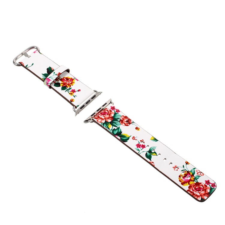 PU Leather Flower Pattern Wrist Watch Strap for Apple Watch Series 4 44mm / Series 3/2/1 42mm - White / Colorful Peonies-3