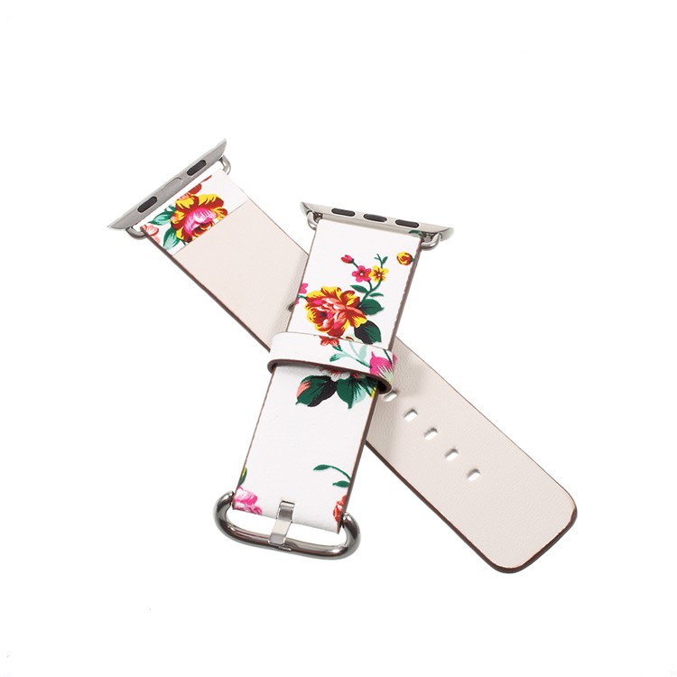 PU Leather Flower Pattern Wrist Watch Strap for Apple Watch Series 4 44mm / Series 3/2/1 42mm - White / Colorful Peonies-5