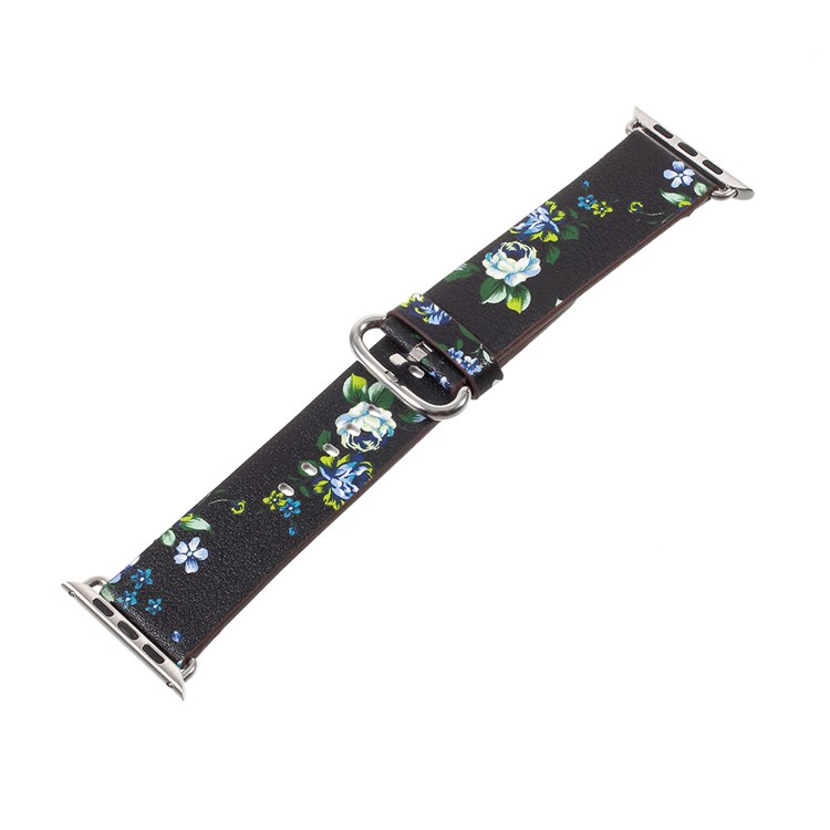 For Apple Watch Series 4 44mm / Series 3/2/1 42mm Flower Pattern PU Leather Watch Strap Replacement - Black / Blue Peonies-1