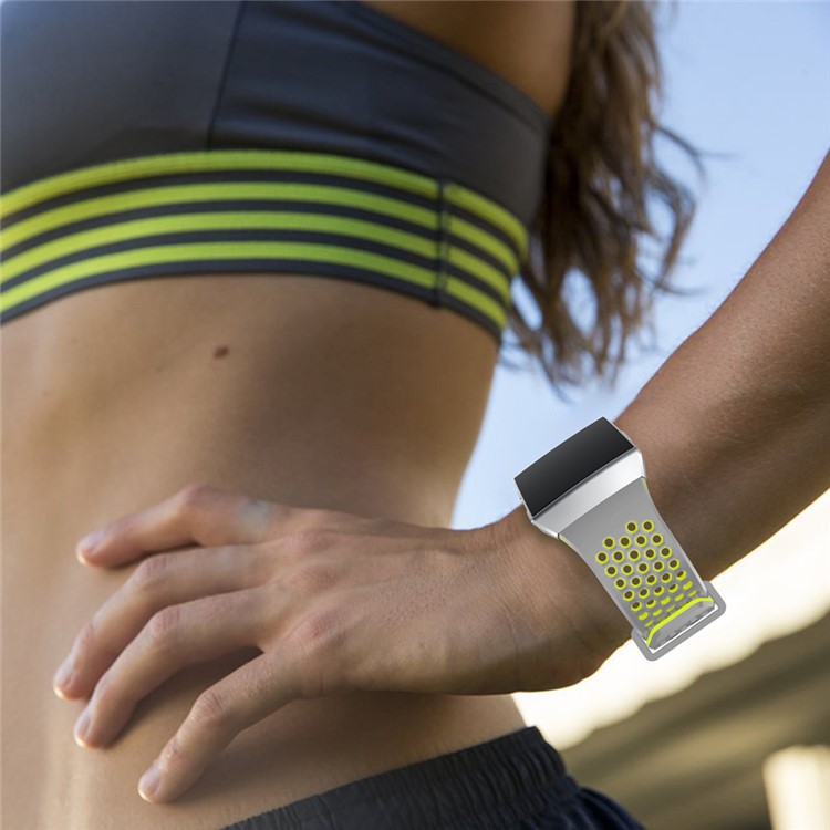 Two-tone Silicone Hollow Watch Band Replacement for Fitbit Ionic - Grey + Green-5